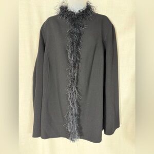 Linda Allard Ellen Tracy Elegant Black Feather-Trimmed 100% Wool Blazer Sz 22